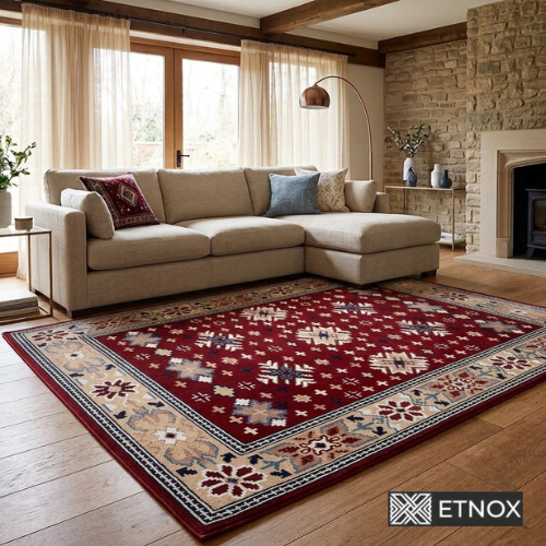 Етно килим Dara 160x230 - бордо персийски килим с етно мотиви и български шевици, декоративен флорален бордюр, геометрични орнаменти и осемлъчеви розети в синьо, кремаво и бежово.