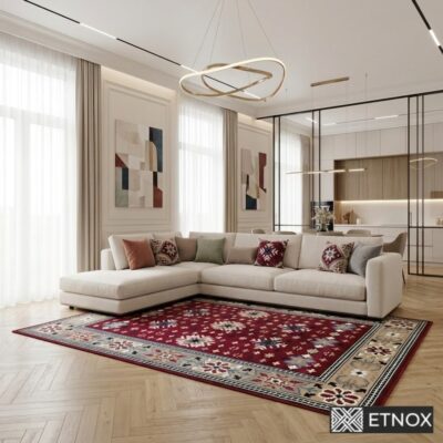 Етно килим Dara 160x230 - бордо персийски килим с етно мотиви и български шевици, декоративен флорален бордюр, геометрични орнаменти и осемлъчеви розети в синьо, кремаво и бежово.