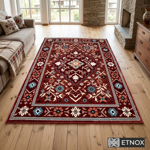 Етно килим Deva 200×290 с богати флорални орнаменти и традиционни български мотиви в топли земни тонове.