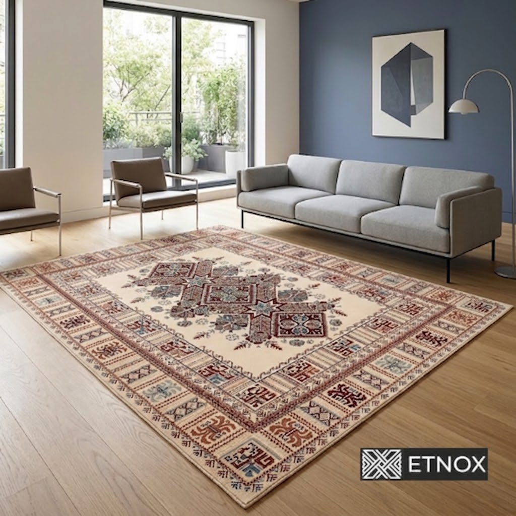 Етно килим Era 160x230 с мотиви от българските шевици в бежови, бордо и сини нюанси – дизайнерски килим с автентични български орнаменти, вдъхновени от традиционните шевици.