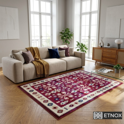 Етно килим Mila 160×230 с български шевици и етно мотиви в бордо, кремаво и тъмносиньо, с осемлъчеви розети и традиционни фолклорни орнаменти.