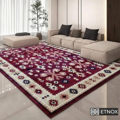 Етно килим Mila 200×290 с български шевици и етно мотиви в бордо, кремаво и тъмносиньо, с осемлъчеви розети и традиционни фолклорни орнаменти.