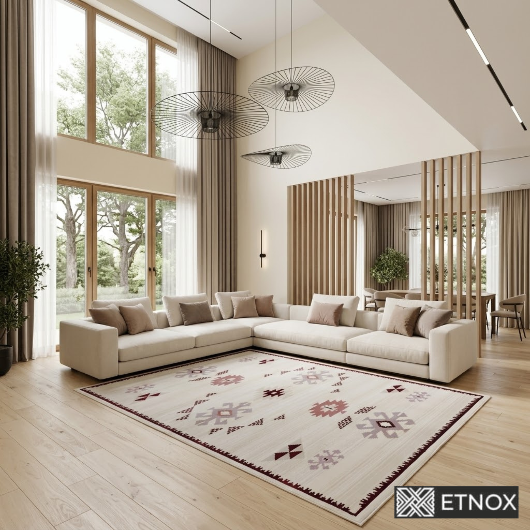 Етно килим Roza 200x290 с етно мотиви и орнаменти, вдъхновени от български шевици, в кремаво, бордо, пепелнорозово и светлосиво – модерен килим за дневна, спалня или трапезария.