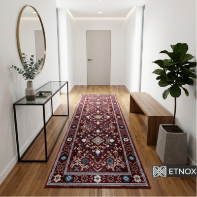 ПътекаDeva 80×230 ETNOX етно килим с български шевици, бордо фон, ромбовидни и флорални орнаменти в бежово, синьо и екрю.