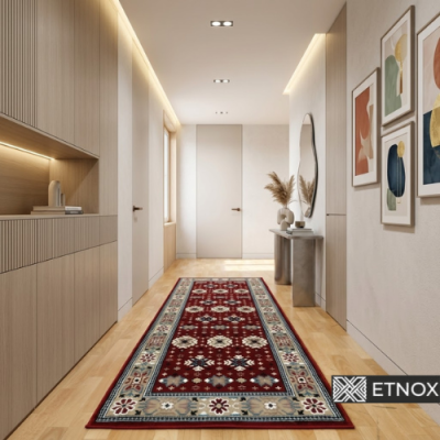 Пътека Dara 80x230 Персийски килим с етно мотиви от български шевици в бордо, с осемлъчеви розети, флорални орнаменти и декоративен бордюр в традиционен фолклорен стил.