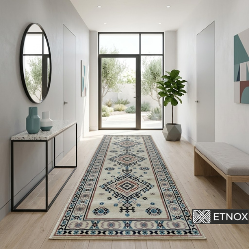 Пътека Lina 80×230 - ETNOX етно килим с български шевици, светъл бежов фон, ромбовидни орнаменти и традиционни фолклорни мотиви в синьо и черно.