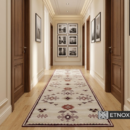 Пътека Roza 80×230 ETNOX етно килим с български шевици, светъл бежов фон и традиционни геометрични фолклорни мотиви в бордо и пепелно розово.